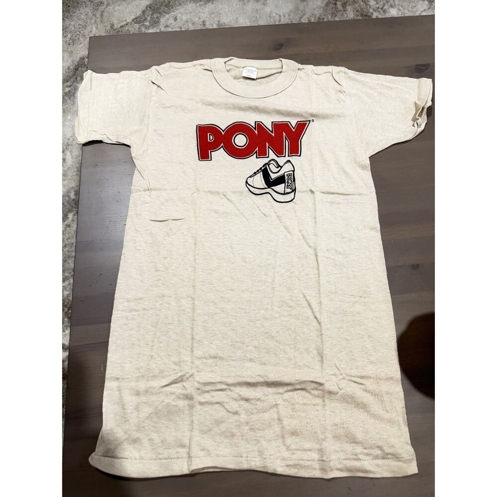 PONY vintage Small Cream Graphic T-Shirt Sneaker Logo 100% Cotton Short Sleeve